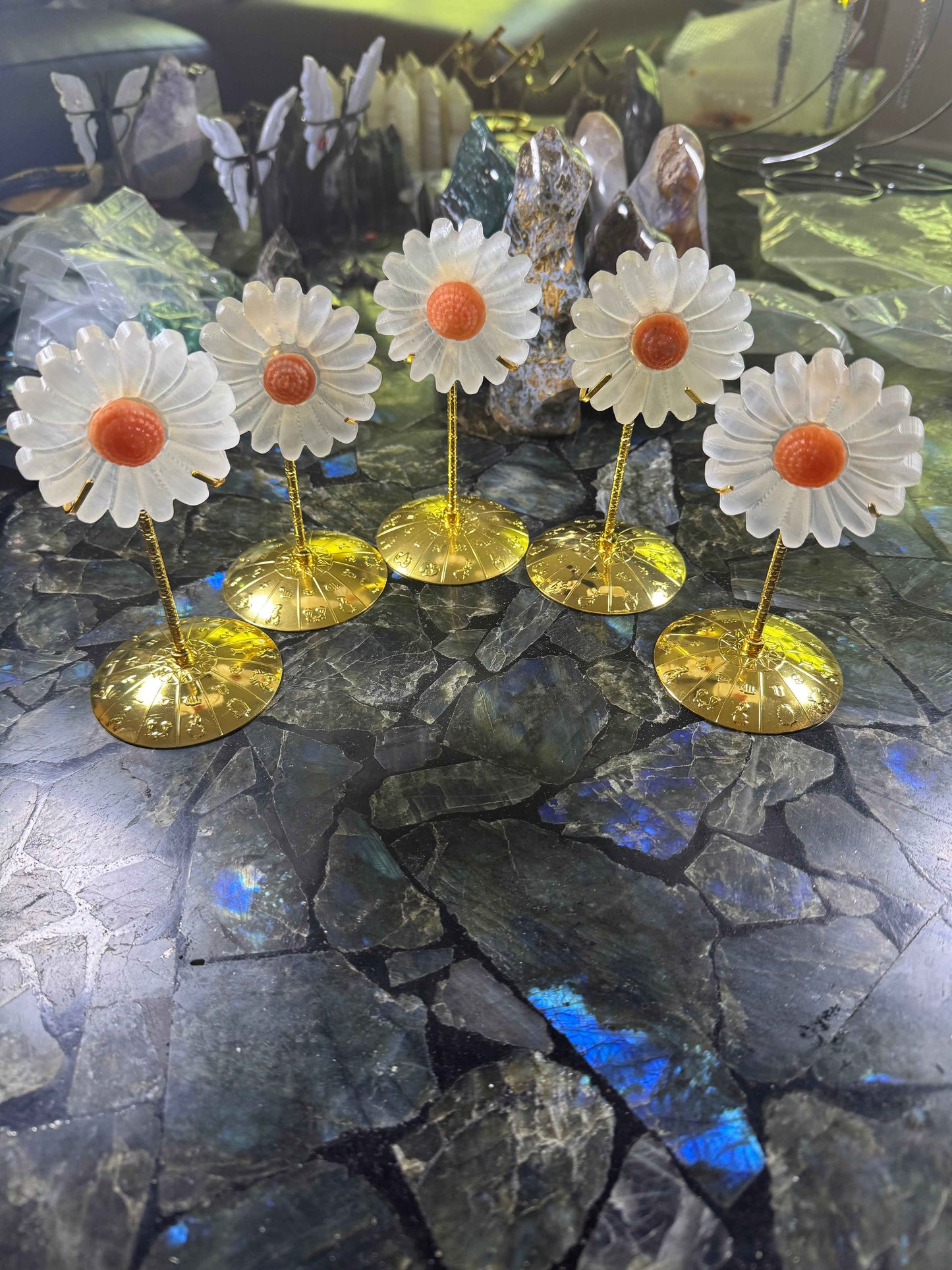 Selenite Daisy with Gold Stand - Powers Gems