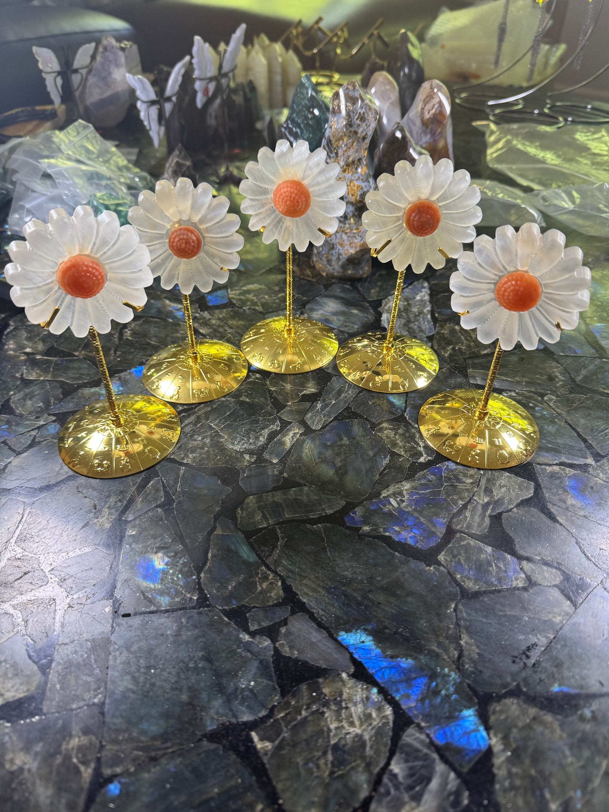 Selenite Daisy with Gold Stand - Powers Gems